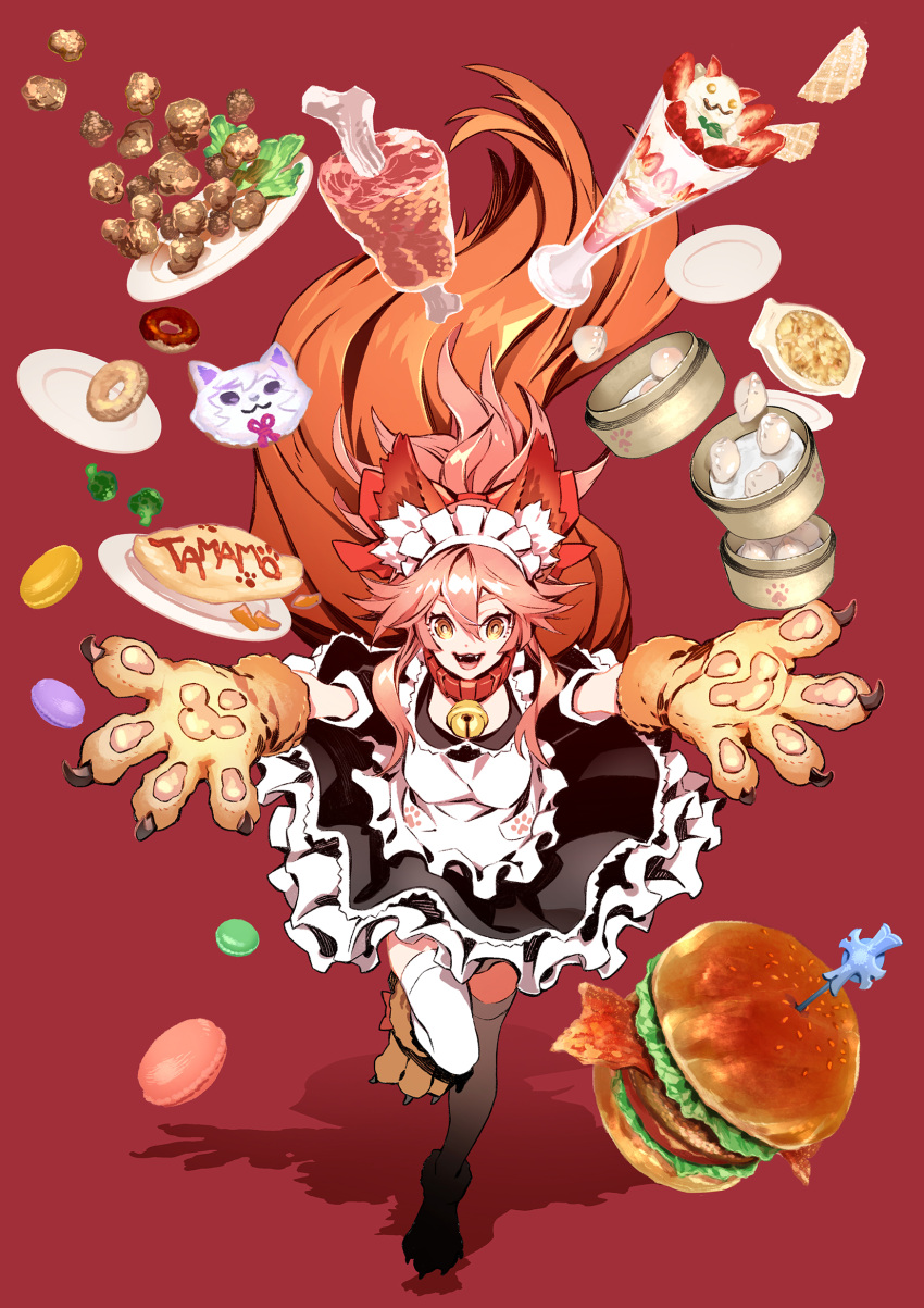 1girl animal_ears animal_hands bell boned_meat brown_eyes burger cat_feet cat_paws character_name doughnut dumpling eyelashes fang fate/grand_order fate_(series) food fox_ears fox_girl fox_tail fruit highres ice_cream_cone lettuce macaron maid meat meatball miwa_shirow neck_bell omelet omurice open_mouth paw_print pawpads pink_hair plate ponytail red_background rice shadow smoothie solo strawberry tail tamamo_(fate) tamamo_cat_(fate) thigh-highs tomato waffle_cone white_thighhighs