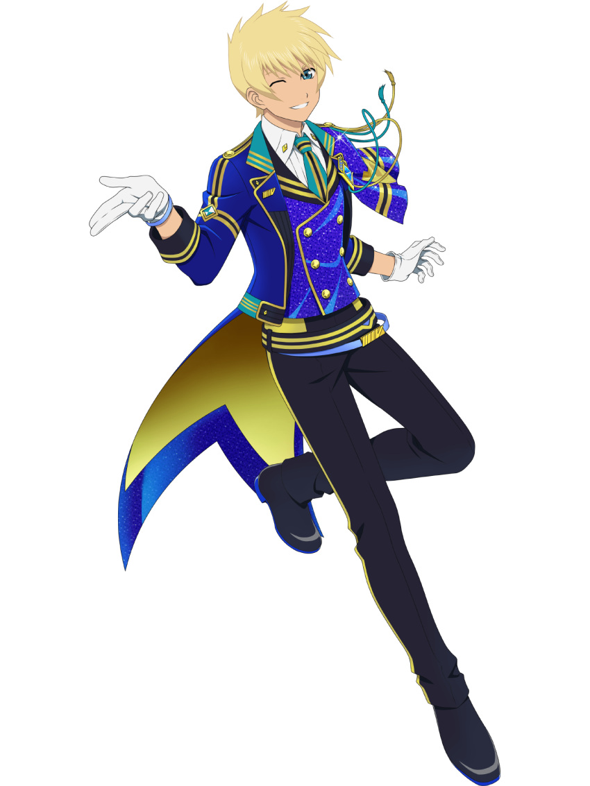 1boy black_footwear black_pants blonde_hair blue_eyes buttons collared_shirt flynn_scifo full_body gloves highres idol idolmaster idolmaster_side-m male_focus necktie official_art one_eye_closed pants shirt shoes solo tales_of_(series) tales_of_asteria tales_of_vesperia transparent_background white_gloves