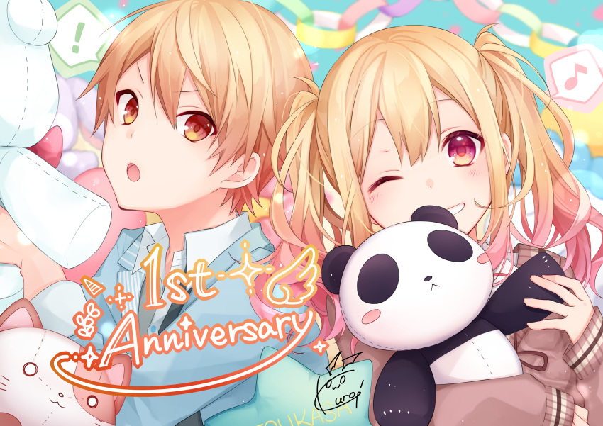 1boy 1girl absurdres anniversary blonde_hair blue_jacket brother_and_sister brown_cardigan cardigan commentary_request eighth_note gradient_hair grin highres jacket kuroi_(liar-player) long_sleeves looking_at_viewer multicolored_hair musical_note official_art one_eye_closed open_mouth pink_eyes pink_hair project_sekai siblings signature smile spoken_musical_note stuffed_animal stuffed_cat stuffed_panda stuffed_toy tenma_saki tenma_tsukasa twintails upper_body yellow_eyes