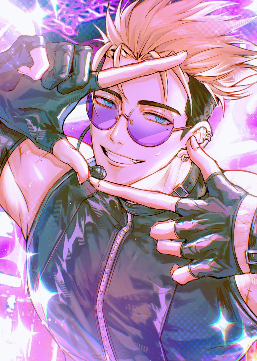 1boy arm_up asymmetrical_gloves black_gloves black_jacket blonde_hair blue_eyes blurry blurry_background chiyo_(miichiyochin) commentary ear_piercing earrings english_commentary fang fingerless_gloves glasses gloves grin hand_up highres jacket jewelry light_particles looking_at_viewer male_focus microphone mismatched_gloves mole mole_under_eye partially_fingerless_gloves piercing purple-tinted_eyewear round_eyewear scar scar_on_arm short_hair sleeveless sleeveless_jacket smile solo sparkle stage stage_lights sweat teeth tinted_eyewear trigun trigun_stampede undercut upper_body vash_the_stampede zipper