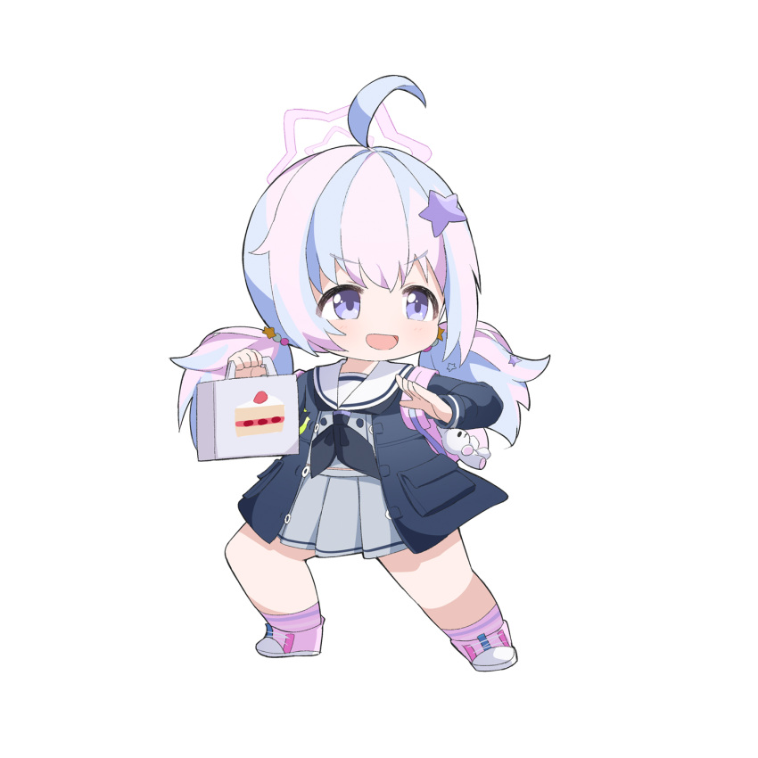 1girl :d ahoge ame. backpack bag black_jacket black_neckerchief blue_archive blue_eyes blue_hair box chibi commentary_request full_body grey_serafuku grey_shirt grey_skirt hair_between_eyes hair_ornament halo highres holding holding_box jacket long_hair low_twintails multicolored_hair neckerchief open_clothes open_jacket pastry_box pink_footwear pink_hair pink_socks pleated_skirt reisa_(blue_archive) sailor_collar school_uniform serafuku shirt shoes simple_background skirt smile socks solo star_(symbol) star_hair_ornament twintails two-tone_hair very_long_hair white_background white_sailor_collar