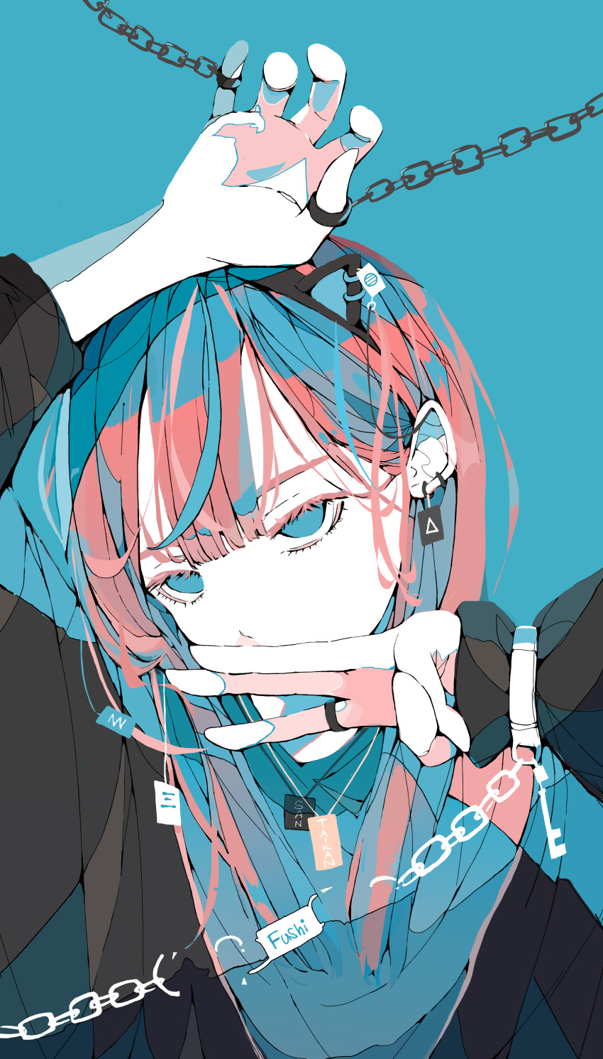 1girl absurdres arm_above_head black_jacket blue_background blue_eyes blue_hair blue_shirt bound bound_fingers chain colored_inner_hair commentary_request covering_mouth ear_piercing earrings head_tilt highres jacket jewelry long_bangs long_sleeves looking_at_viewer middle_w multicolored_hair no_pupils nocopyrightgirl open_clothes open_jacket original pale_skin pendant piercing portrait redhead ring shirt sleeves_past_wrists solo w