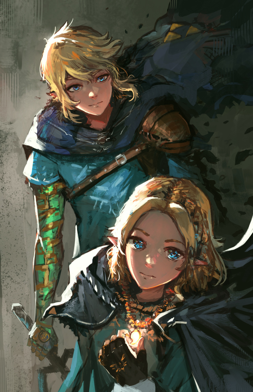 1boy 1girl absurdres advarcher arm_tattoo armor black_cape black_gloves blonde_hair blue_eyes blue_shirt blue_tunic braid cape closed_mouth crown_braid fingerless_gloves gloves highres holding holding_sword holding_weapon link looking_at_viewer master_sword pointy_ears princess_zelda shirt short_hair shoulder_armor simple_background sword tattoo the_legend_of_zelda the_legend_of_zelda:_tears_of_the_kingdom triforce weapon