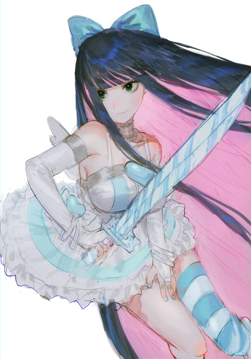 1girl absurdres angel_wings blue_bow blue_hair blue_nails blunt_bangs bow breasts bridal_gauntlets collar colored_inner_hair dress frilled_dress frills gloves green_eyes hair_bow hand_on_own_thigh heart highres holding holding_sword holding_weapon large_breasts long_hair mini_wings multicolored_hair panty_&amp;_stocking_with_garterbelt pink_hair simple_background single_thighhigh smile spaghetti_strap stocking_(psg) striped striped_thighhighs sword thigh-highs two-tone_hair very_long_hair weapon white_background white_dress wings yatatashira