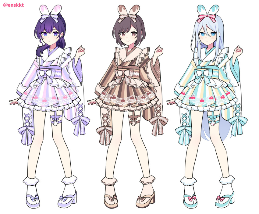 3girls alternate_color animal_ears arm_at_side asahina_mafuyu back_bow blue_footwear blue_kimono bow braid brown_bow brown_eyes brown_footwear brown_hair brown_kimono brown_socks cherry_print closed_mouth commentary_request cross-laced_clothes cross-laced_sleeves fake_animal_ears food_print footwear_bow frilled_kimono frilled_socks frills full_body grey_footwear hair_between_eyes hair_bow hand_up high_ponytail highres japanese_clothes kimono looking_at_viewer multiple_girls project_sekai purple_bow purple_hair purple_kimono rabbit_ears sandals sash_bow shinonome_ena short_kimono simple_background smile socks tabi thigh_strap violet_eyes waka_(wk4444) white_background white_hair white_socks wide_sleeves yoisaki_kanade