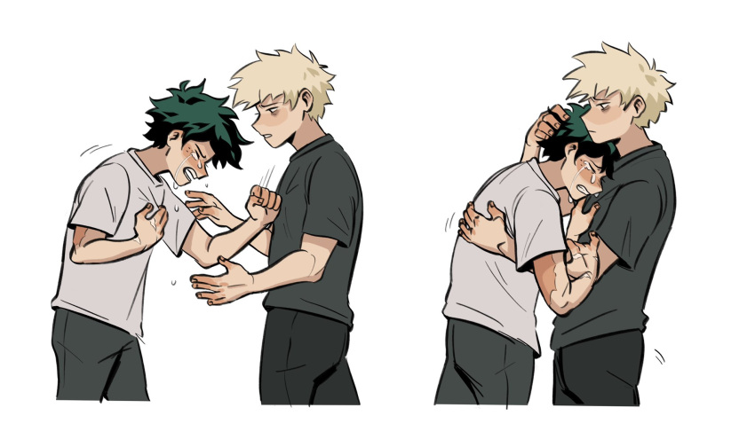 2boys bakugou_katsuki blonde_hair boku_no_hero_academia closed_eyes closed_mouth commentary crying daniartonline english_commentary green_hair grey_shirt hand_on_another's_arm hand_on_another's_back hand_on_another's_chest hand_on_another's_head hand_on_own_chest highres hug looking_at_another male_focus midoriya_izuku multiple_boys open_mouth pants sad scar scar_on_hand shirt short_hair short_sleeves simple_background spiky_hair standing t-shirt tears white_background