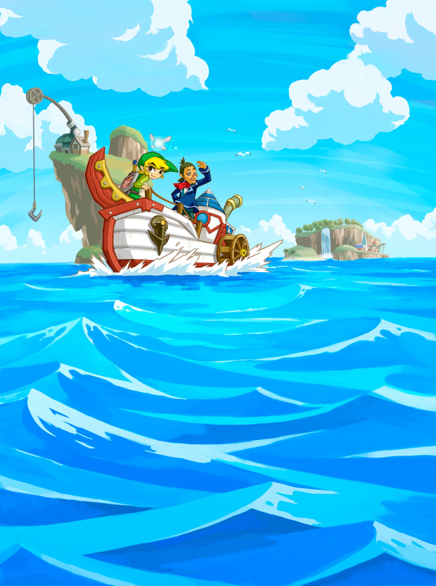 2boys absurdres bird black_hair blonde_hair blue_jacket blue_sky boat ciela clouds day facial_hair green_headwear green_tunic hat highres island jacket linebeck link looking_at_viewer multiple_boys mustache ocean official_art outdoors seagull shield_on_back short_hair sky ss_linebeck sword sword_on_back the_legend_of_zelda the_legend_of_zelda:_phantom_hourglass toon_link toon_zelda_(style) water watercraft waterfall weapon weapon_on_back