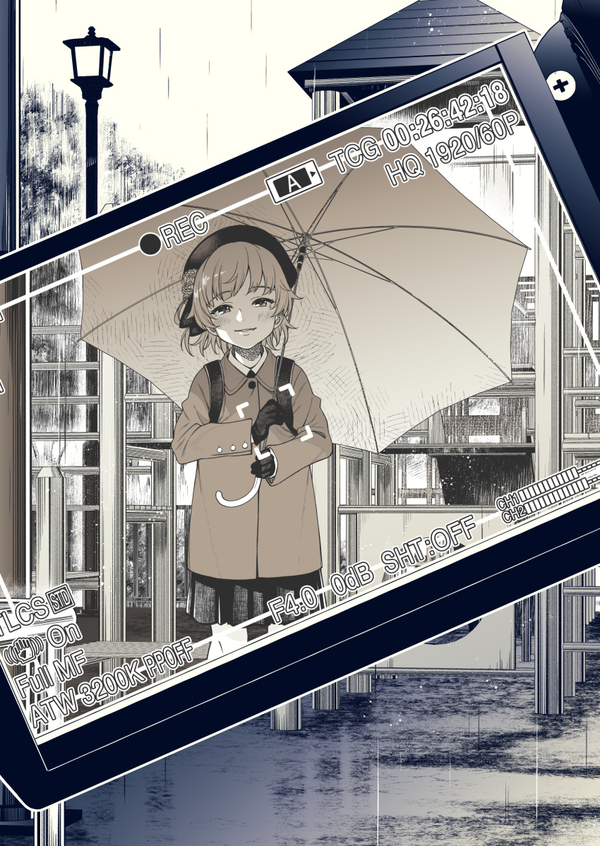1girl absurdres backpack bag beret blush camcorder coat collared_coat collared_shirt commentary_request day fang flower gloves hair_flower hair_ornament hair_ribbon half-closed_eyes hat hatoba_tsugu highres holding holding_umbrella lamppost light_smile long_sleeves looking_at_viewer mole mole_under_eye monochrome ohara_hiroki outdoors outline over_shoulder parted_lips playground pleated_skirt rain recording ribbon sepia shirt short_hair skirt solo timestamp tsugu_(vtuber) umbrella video_camera viewfinder virtual_youtuber