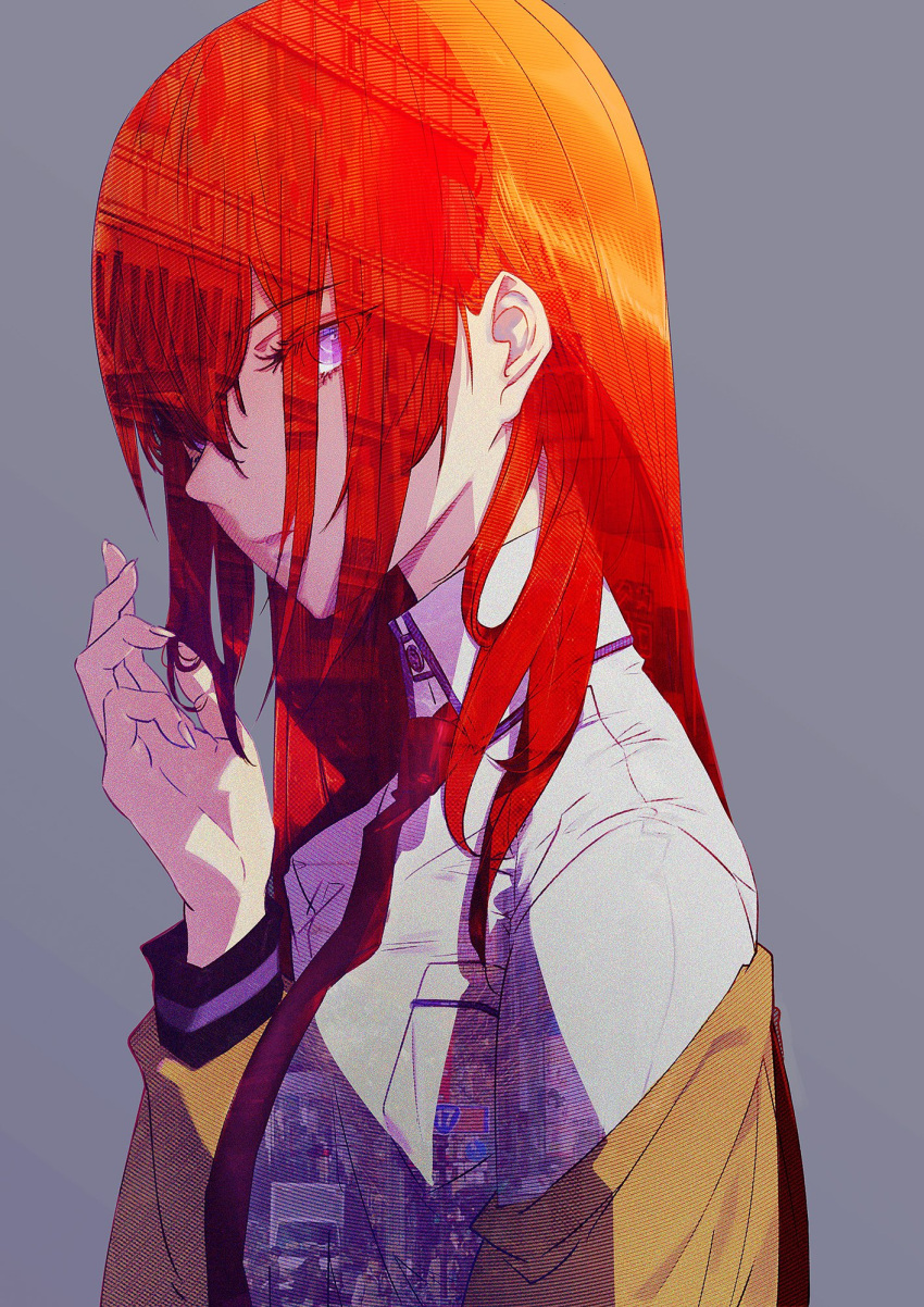 1girl breast_pocket brown_jacket closed_mouth commentary_request dress_shirt expressionless grey_background hair_over_eyes highres huke jacket long_hair looking_at_viewer makise_kurisu necktie open_clothes open_jacket orange_hair pocket red_necktie redhead shirt simple_background solo steins;gate upper_body violet_eyes white_shirt