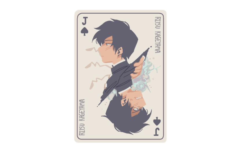 1boy angry black_hair card card_(medium) character_name closed_mouth commentary english_commentary from_side gakuran kageyama_ritsu male_focus mob_psycho_100 mp100days playing_card profile school_uniform short_hair simple_background spade_(shape) white_background