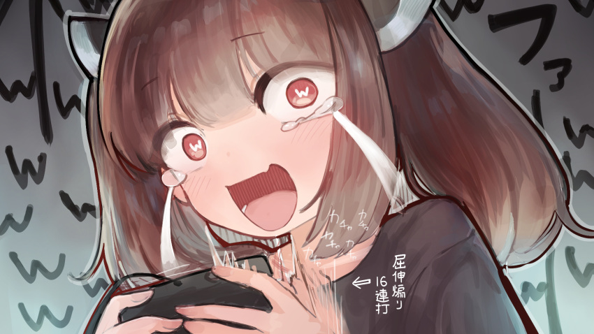 1girl black_shirt blade blush brown_hair commentary_request controller crying crying_with_eyes_open fang game_controller grey_background headgear highres holding holding_controller holding_game_controller laughing looking_at_viewer medium_hair microa motion_blur motion_lines open_mouth portrait shirt skin_fang smile solo streaming_tears symbol-shaped_pupils tears text_in_eyes touhoku_kiritan translation_request twintails voiceroid wide-eyed