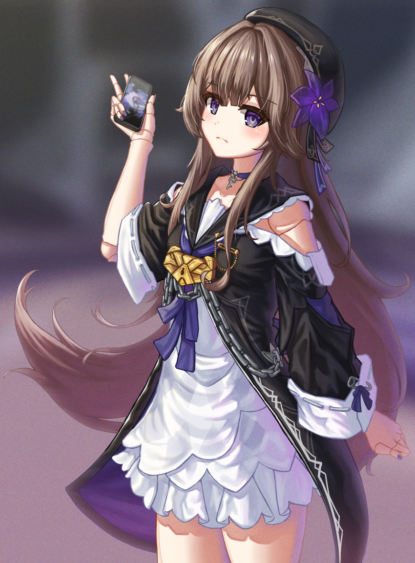 1girl absurdres beret black_dress black_headwear blurry blurry_background blush brown_hair cellphone closed_mouth commentary_request depth_of_field doll_joints dress hand_up hat herta_(honkai:_star_rail) highres holding holding_phone honkai:_star_rail honkai_(series) joints keyhole long_hair long_sleeves phone ribbon-trimmed_sleeves ribbon_trim solo standing stratosphere_(coom1017) very_long_hair violet_eyes white_dress