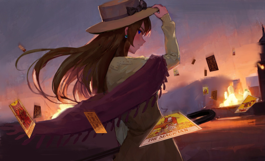 1girl absurdres adjusting_clothes adjusting_headwear blue_eyes brown_hair brown_headwear brown_skirt chinese_commentary circle_of_inevitability commentary_request fire fors_wall highres justice_(tarot) long_hair looking_at_viewer looking_back lord_of_the_mysteries shaded_face shadow shawl shirt skirt solo tarot the_fool_(tarot) the_magician_(tarot) vandarkholme19610 yellow_shirt