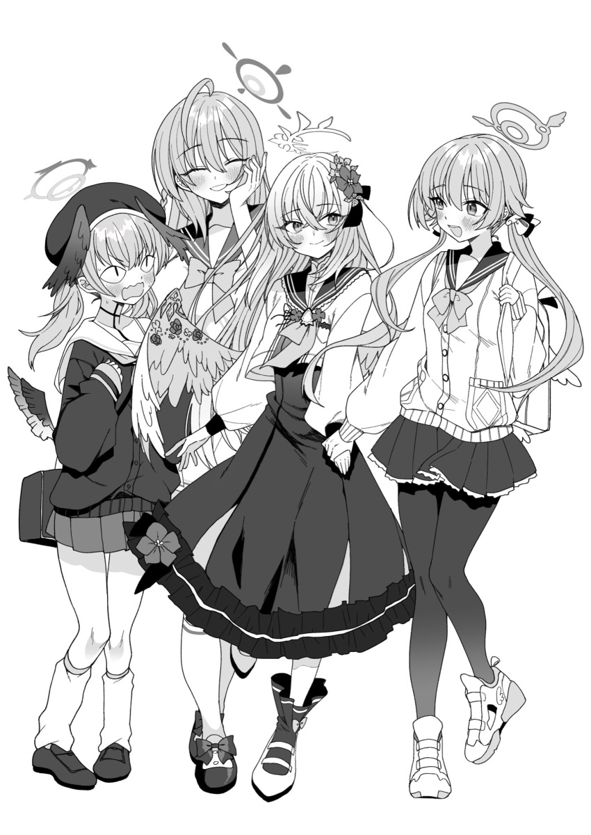 4girls azusa_(blue_archive) backpack bag beret blue_archive blush bobby_socks bow bowtie breasts cardigan closed_mouth cropped_jacket dress flower full_body greyscale hair_flower hair_ornament halo hanako_(blue_archive) hat head_wings hifumi_(blue_archive) highres holding_hands jacket kneehighs koharu_(blue_archive) large_breasts loafers long_hair long_sleeves looking_at_another loose_socks low_twintails low_wings miniskirt monochrome multiple_girls oomori_(kswmr) open_clothes open_jacket open_mouth pantyhose pleated_skirt sailor_collar school_bag shoes sidelocks skirt small_breasts smile sneakers socks standing sweat twintails v-shaped_eyebrows walking wings
