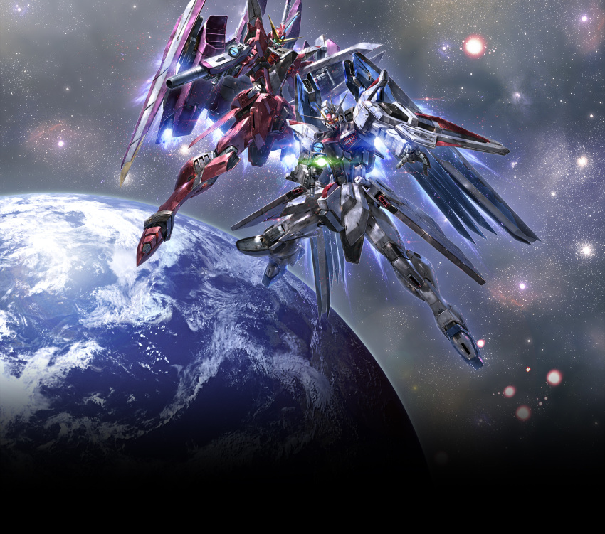 beam_rifle beam_saber energy_gun freedom_gundam glowing green_eyes gun gundam gundam_seed highres holding holding_gun holding_shield holding_weapon justice_gundam mecha mechanical_wings mobile_suit morishita_naochika no_humans official_art robot science_fiction shield v-fin weapon wings yellow_eyes