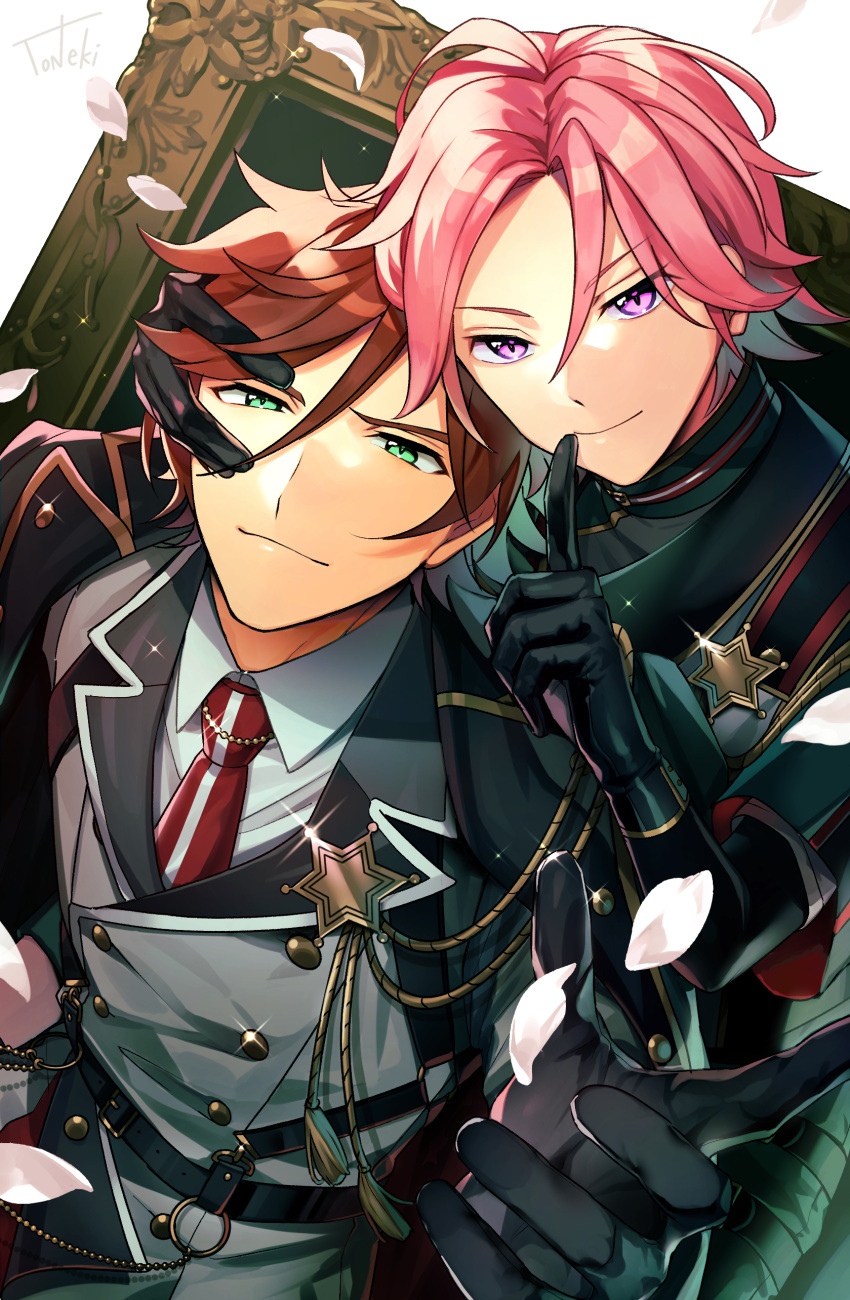 2boys absurdres aiguillette beckoning belt black_belt black_gloves black_pants black_shirt bobo_(uccello) brown_hair buttons closed_mouth collar_chain_(jewelry) cowboy_shot double-breasted double_face_(ensemble_stars!) ensemble_stars! finger_to_mouth glint gloves gold_trim green_eyes grey_jacket hair_between_eyes hand_on_another's_face highres jacket jacket_on_shoulders lapels layered_sleeves long_sleeves looking_at_viewer male_focus medal mikejima_madara multiple_boys necktie notched_lapels oukawa_kohaku pants parted_bangs petals picture_frame pink_hair red_necktie shirt short_hair short_over_long_sleeves short_sleeves smile upper_body violet_eyes white_background white_shirt