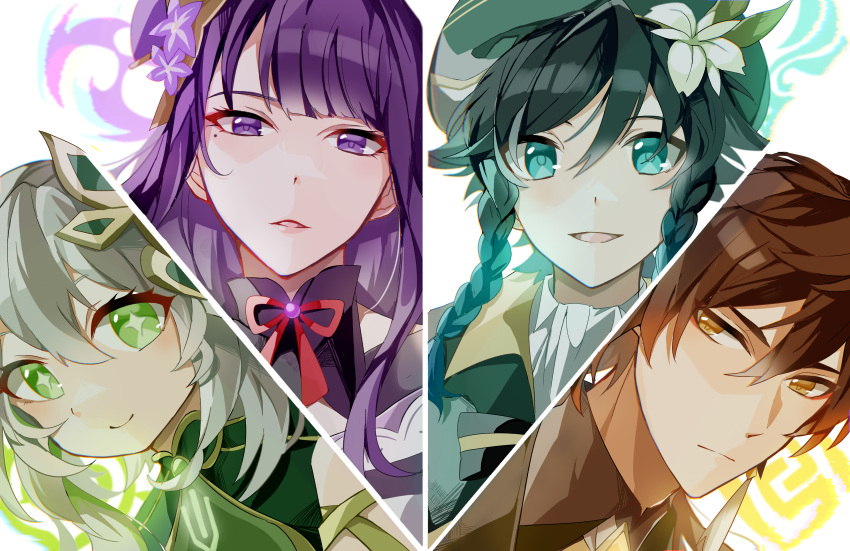 +_+ 2boys 2girls absurdres bare_shoulders beret black_bow black_bowtie black_hair blue_eyes blue_hair bow bowtie braid brown_eyes brown_hair brown_jacket brown_shirt capelet chaena_(exmd3552) closed_mouth collared_shirt crystal dress earrings flower genshin_impact gradient_hair green_capelet green_eyes green_headwear grey_hair hair_between_eyes hair_flower hair_ornament hat hat_ornament highres jacket japanese_clothes jewelry kimono leaf_hat_ornament lips long_hair looking_at_viewer mitsudomoe_(shape) mole mole_under_eye multicolored_hair multiple_boys multiple_girls nahida_(genshin_impact) necktie off_shoulder open_mouth ponytail purple_flower purple_hair purple_kimono raiden_shogun red_bow red_bowtie shirt short_hair side_ponytail sidelocks simple_background single_earring sleeveless sleeveless_dress smile star_(symbol) striped striped_bow striped_bowtie tassel tassel_earrings tomoe_(symbol) tongue twin_braids venti_(genshin_impact) violet_eyes white_background white_dress white_flower white_necktie white_shirt zhongli_(genshin_impact)