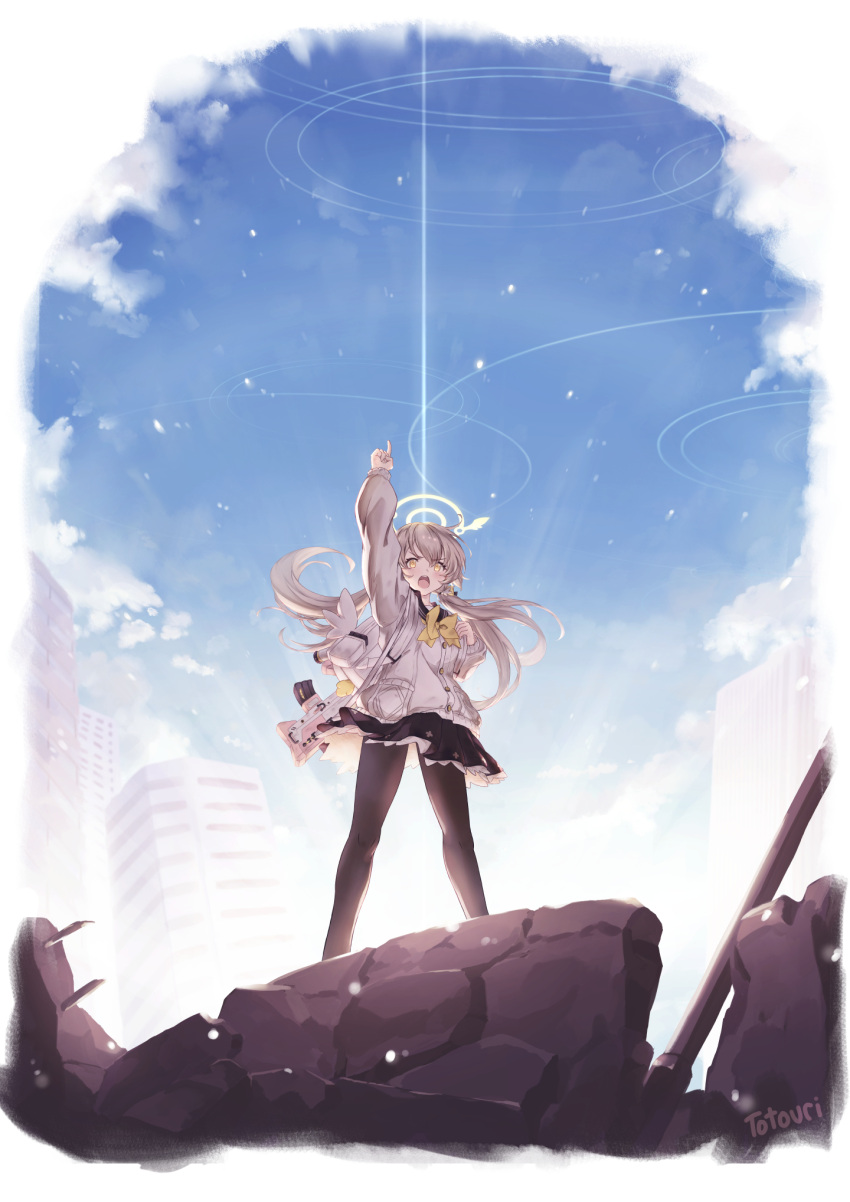 1girl :o arm_up backpack bag black_pantyhose black_skirt blue_archive blue_sky blurry brown_hair building clouds cloudy_sky commentary_request depth_of_field hair_between_eyes halo hifumi_(blue_archive) highres long_hair long_sleeves looking_at_viewer low_twintails pantyhose peroro_(blue_archive) pleated_skirt pointing pointing_up ruins school_uniform serafuku sidelocks skirt sky skyline skyscraper solo standing sunlight totouri twintails v-shaped_eyebrows wind wing_hair_ornament yellow_eyes