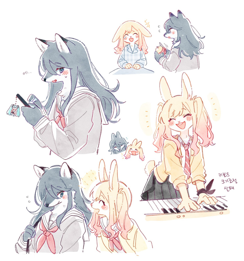 2girls :3 :d apple black_skirt blonde_hair blue_hair blush buck_teeth bumgae cardigan collared_shirt food fruit furry furry_female grey_serafuku grey_shirt highres hoshino_ichika_(project_sekai) instrument jacket keyboard_(instrument) knife long_hair miyamasuzaka_girls'_academy_school_uniform multiple_girls neckerchief necktie open_mouth pajamas project_sekai rabbit_girl red_neckerchief red_necktie sailor_collar school_uniform serafuku shirt simple_background skirt smile tears teeth tenma_saki twintails white_background white_sailor_collar white_shirt wolf_girl yellow_cardigan yellow_fur yellow_jacket