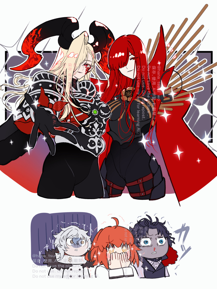 2boys 3girls absurdres armor bartholomew_roberts_(fate) black_armor black_bodysuit black_hair black_horns blonde_hair blood blue_eyes bodysuit cape chaldea_logo chaldea_uniform coat cowboy_shot dragon_horns facial_mark family_crest fate/grand_order fate_(series) fujimaru_ritsuka_(female) fur-trimmed_coat fur_trim gloves hair_over_one_eye highres horns kadoc_zemlupus long_hair long_horns looking_at_viewer multiple_boys multiple_girls nero_claudius_(fate) nosebleed oda_nobunaga_(fate) oda_nobunaga_(maou_avenger)_(fate) oda_uri orange_hair pointy_ears queen_draco_(fate) queen_draco_(third_ascension)_(fate) red_cape red_eyes redhead shoulder_plates smile sugomori_tsuru_(artist) upper_body very_long_hair wavy_hair white_hair yellow_eyes