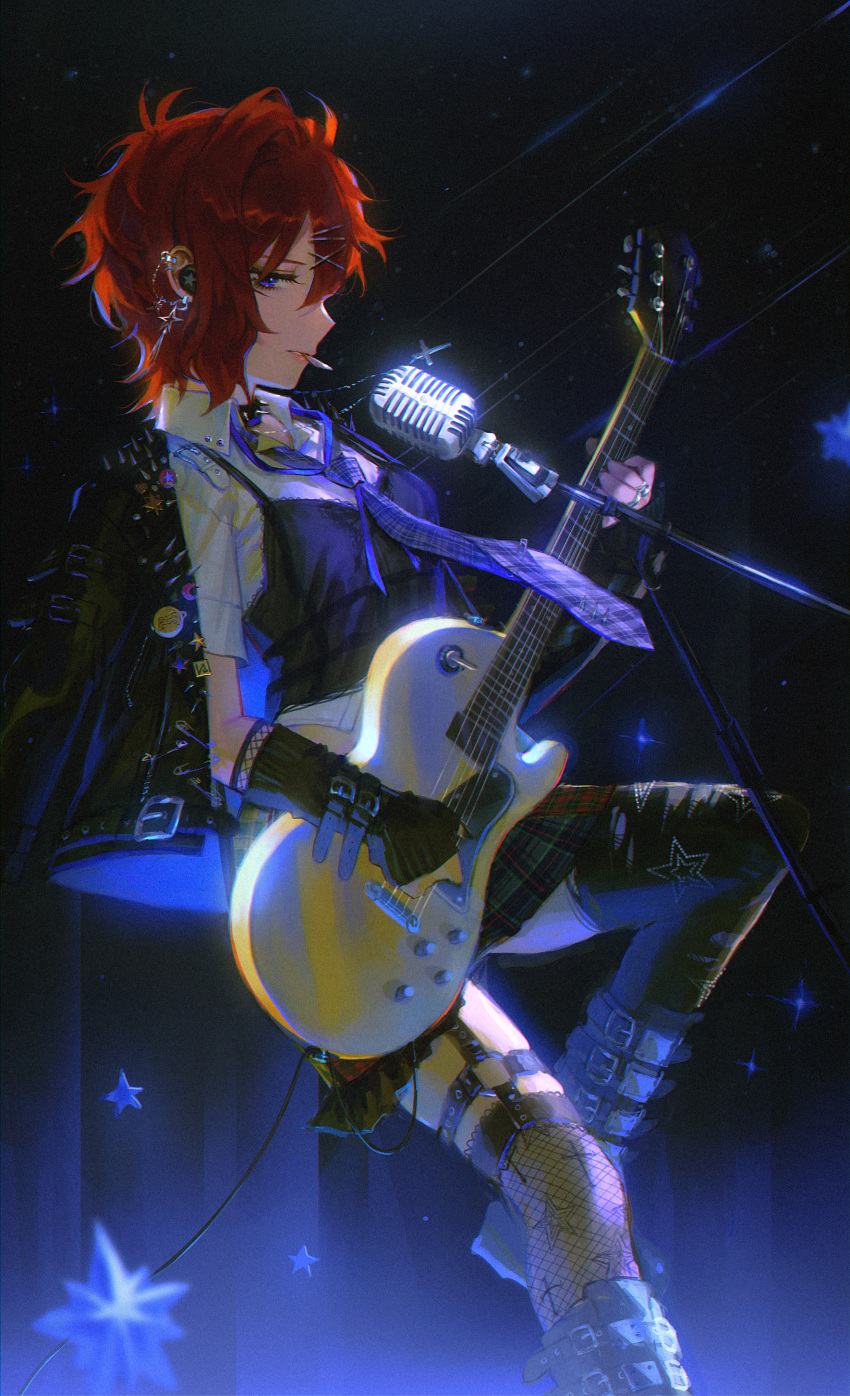 1girl absurdres arm_warmers audience black_background black_camisole black_footwear black_thighhighs blue_eyes blue_necktie boots camisole collared_shirt cross cross_necklace ear_piercing electric_guitar fishnets gibson_les_paul gradient_background guitar hair_ornament hairclip highres idolmaster idolmaster_million_live! instrument jacket jacket_on_shoulders jewelry julia_(idolmaster) leather leather_jacket legwear_garter looking_at_viewer looking_to_the_side microphone music necklace necktie piercing playing_instrument plectrum redhead shirt short_hair simple_background spikes star_(symbol) thigh-highs yatatashira