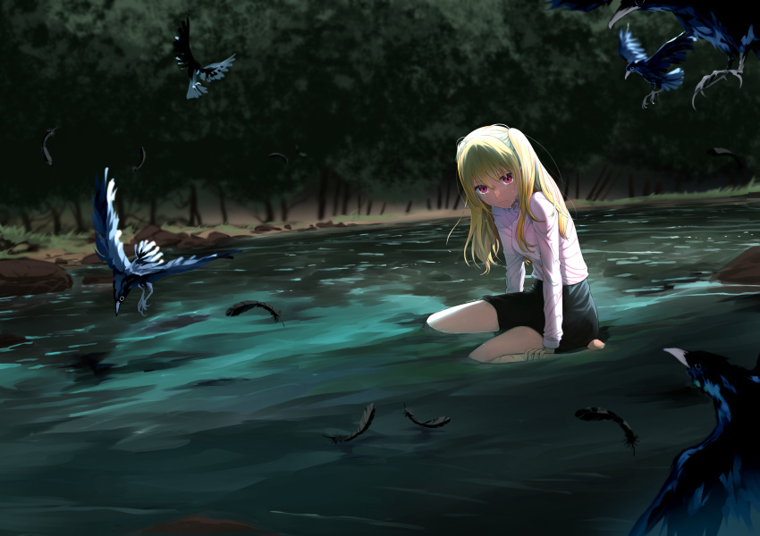 1girl absurdres arm_support barefoot bird black_feathers black_skirt blonde_hair blurry blurry_background closed_mouth commentary commission crow crying crying_with_eyes_open english_commentary eudetenis feathers highres hoshino_ruby long_hair long_sleeves looking_at_viewer one_side_up oshi_no_ko outdoors partially_submerged petals pink_eyes river second-party_source shirt sidelocks sitting skirt solo spoilers star-shaped_pupils star_(symbol) symbol-shaped_pupils tears tree variant_set water white_shirt