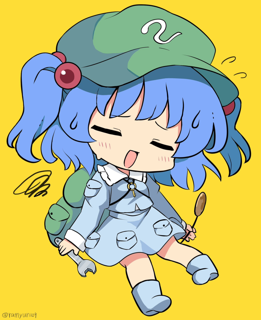 1girl blue_footwear blue_hair blue_shirt blue_skirt blush boots closed_eyes collared_shirt flat_cap flying_sweatdrops green_headwear hair_bobbles hair_ornament hat highres holding holding_wrench kawashiro_nitori key long_sleeves open_mouth ramudia_(lamyun) shirt short_hair simple_background skirt solo touhou twitter_username two_side_up wrench yellow_background
