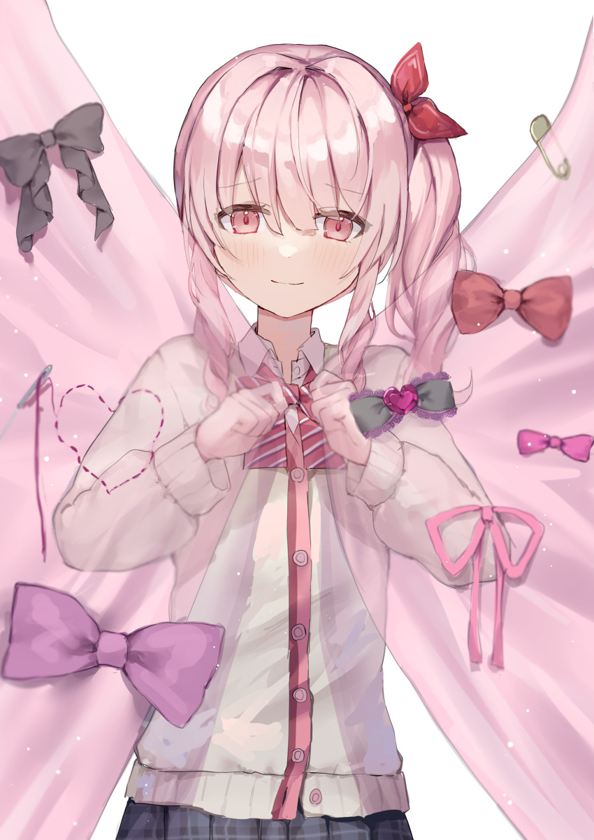 1other absurdres akiyama_mizuki androgynous bow bowtie buttons cardigan closed_mouth collared_shirt commentary curtains diagonal-striped_bowtie grey_bow grey_skirt hair_between_eyes hair_bow heart highres long_hair long_sleeves looking_at_viewer other_focus pink_eyes pink_gemstone pink_hair pink_ribbon plaid plaid_skirt pleated_skirt project_sekai red_bow red_bowtie ribbon ririru safety_pin shirt side_ponytail sidelocks skirt solo straight-on striped striped_bow striped_bowtie two-tone_bowtie upper_body white_background white_bow white_bowtie white_cardigan white_shirt