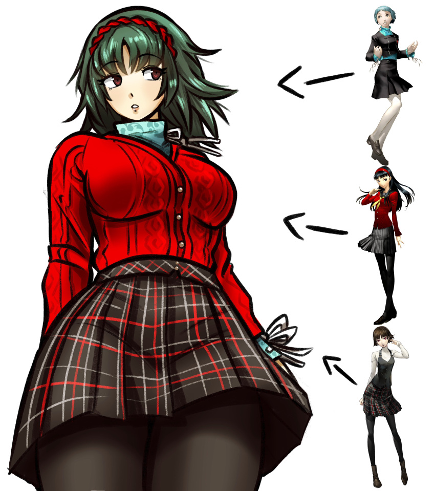 1girl absurdres amagi_yukiko arrow_(symbol) black_pantyhose breasts brown_eyes cardigan chimerism english_commentary fusion gimmie20dollas green_hair hairband highres long_sleeves niijima_makoto original pantyhose persona persona_3 persona_4 persona_5 plaid plaid_skirt red_cardigan red_hairband reference_inset simple_background skirt turtleneck white_background yamagishi_fuuka