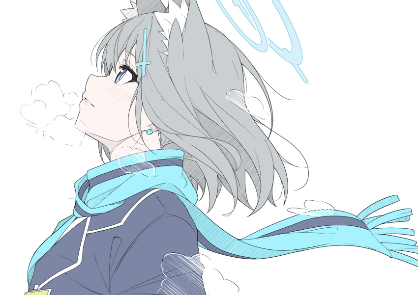 1girl animal_ear_fluff animal_ears blue_archive blue_eyes blue_jacket blue_scarf cross_hair_ornament grey_hair hair_ornament halo jacket looking_up masabodo parted_lips scarf shiroko_(blue_archive) short_hair simple_background solo upper_body white_background