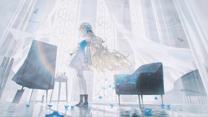 1girl absurdres blonde_hair blue_dress blue_flower boots breasts canvas_(object) chair chromatic_aberration commentary_request curtains day dress flower gradient_dress grey_footwear hair_flower hair_ornament hair_over_one_eye highres indoors isekai_joucho kamitsubaki_studio lens_flare light long_hair long_sleeves looking_ahead makeup nemophila_(flower) o-ring petals profile puffy_sleeves reflective_floor reoen second-party_source small_breasts solo standing sunlight table thigh-highs two-tone_dress virtual_youtuber white_dress white_thighhighs
