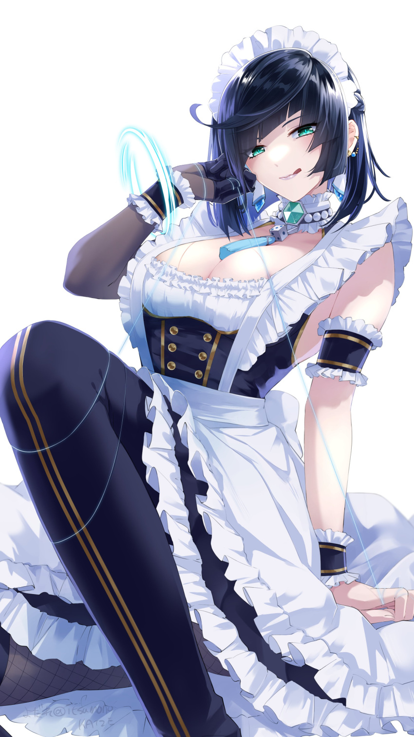 1girl :q absurdres alternate_costume apron bead_choker black_hair black_thighhighs blue_eyes bob_cut breasts diagonal_bangs dress elbow_gloves enmaided fishnets frilled_apron frilled_dress frills genshin_impact gloves hair_tucking highres itsumono_katze large_breasts lips looking_at_viewer maid maid_apron maid_headdress neck_tassel short_hair simple_background single_elbow_glove sitting smile solo tassel_choker thigh-highs tongue tongue_out twitter_username white_apron white_background wrist_cuffs yelan_(genshin_impact)
