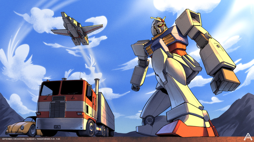aircraft artist_name azizdraws blue_sky bumblebee_(transformers) car clouds gundam highres jetfire mobile_suit mobile_suit_gundam motor_vehicle mountain no_humans on_one_knee optimus_prime rx-78-2 sky transformers truck volkswagen_beetle