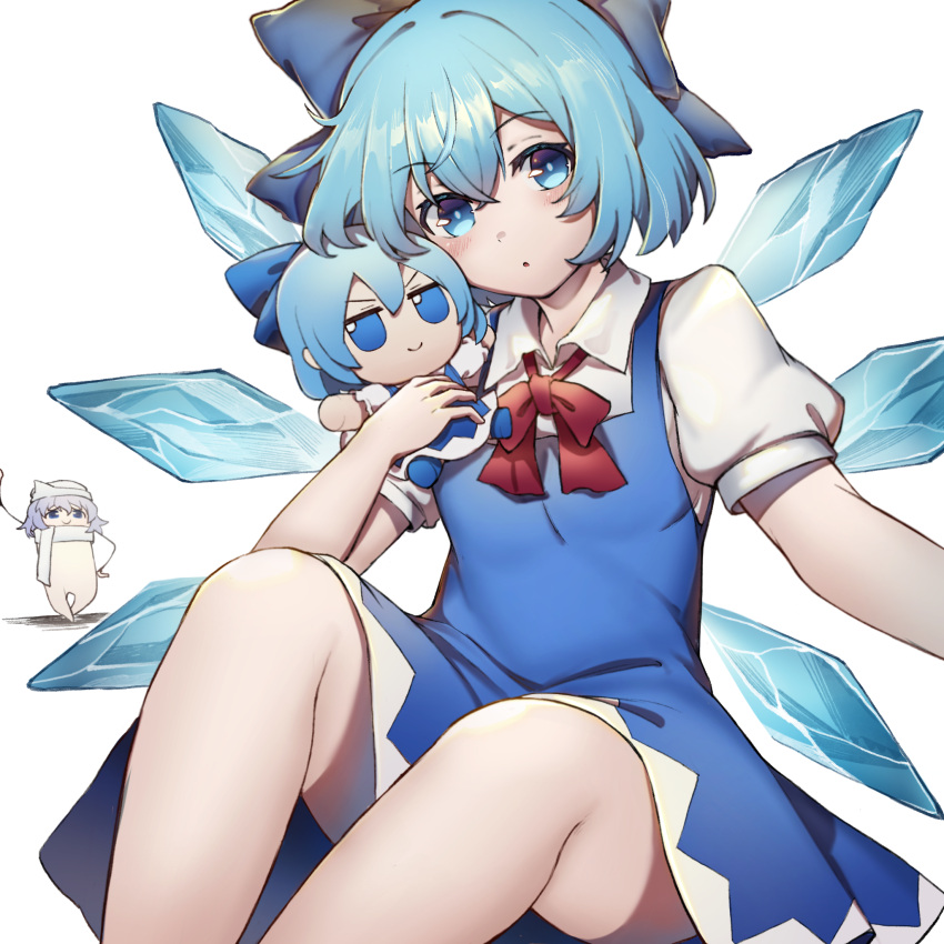 1girl blue_bow blue_dress blue_eyes blue_hair blush bow cirno collared_shirt doll dress fairy feet_out_of_frame fumo_(doll) hair_between_eyes hair_bow highres holding holding_doll ice ice_wings letty_whiterock parted_lips pinafore_dress puffy_short_sleeves puffy_sleeves shirt shishui_guima short_hair short_sleeves simple_background sleeveless sleeveless_dress touhou white_background white_shirt wings yukkuri_shiteitte_ne