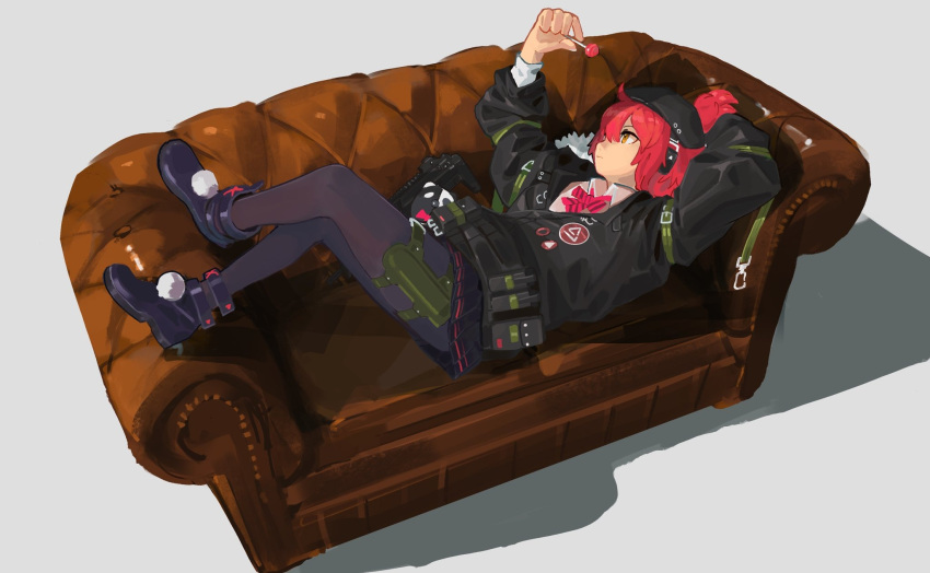 1girl ahoge arm_behind_head beret black_headwear black_jacket black_pantyhose boots bow bowtie candy closed_mouth collared_shirt commentary_request couch crossed_legs expressionless feet_up food full_body girls_frontline gun h&amp;k_mp7 hand_up hat headphones highres holding holding_candy holding_food holding_lollipop jacket lollipop long_sleeves looking_at_food looking_up lying mp7_(girls'_frontline) on_back on_couch open_clothes open_jacket pantyhose partially_unzipped pom_pom_(clothes) qyuandee3 redhead shadow shirt short_ponytail solo striped striped_bow striped_bowtie submachine_gun thigh_sheath weapon white_background white_shirt yellow_eyes