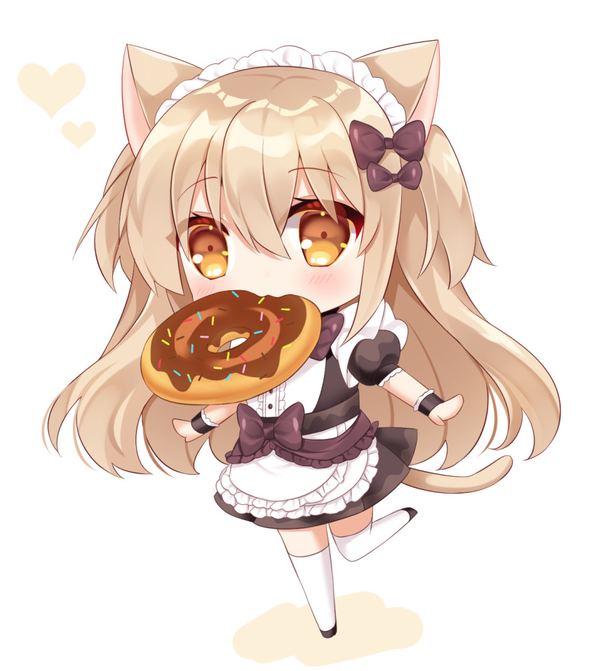 1girl animal_ears apron black_dress black_footwear blush bow brown_bow brown_eyes cat_ears colored_shadow doughnut dress food food_in_mouth frilled_apron frills hair_between_eyes hair_bow heart highres light_brown_hair long_hair maid mouth_hold original puffy_short_sleeves puffy_sleeves shadow shikito shoes short_sleeves simple_background solo standing standing_on_one_leg thigh-highs two_side_up very_long_hair white_apron white_background white_thighhighs