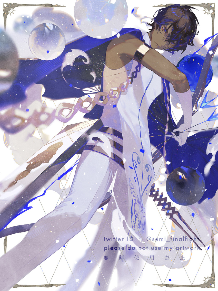 1boy agni_gandiva arjuna_(fate) armlet artist_name bare_shoulders black_hair bow_(weapon) cape dark-skinned_male dark_skin fate/grand_order fate_(series) gloves hair_between_eyes highres holding holding_bow_(weapon) holding_weapon indian_clothes jewelry looking_at_viewer male_focus semi_(p-poco) short_hair sleeveless solo twitter_username weapon white_background white_cape white_gloves