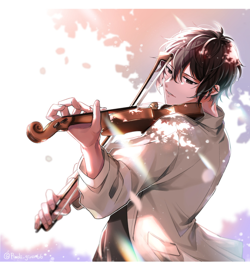 1boy absurdres black_eyes black_hair cardigan curly_hair given grey_cardigan highres holding holding_instrument instrument male_focus murata_ugetsu music open_cardigan open_clothes parted_lips pinoli_(pinoli66) playing_instrument solo twitter_username upper_body violin