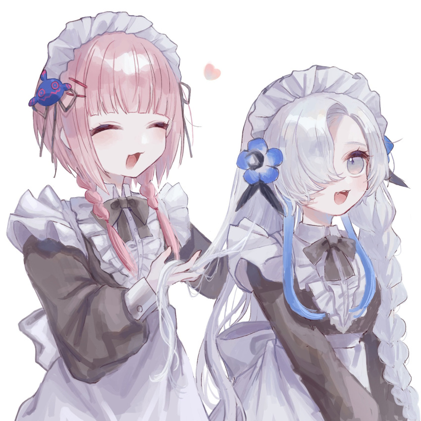 2girls :3 alternate_costume apron black_bow black_bowtie black_shirt blue_flower blunt_bangs blush bow bowtie braid braiding_hair center_frills character_hair_ornament closed_eyes collared_dress commentary_request dress enmaided fangs flower frills grey_eyes hair_flower hair_ornament hair_over_one_eye hairclip hairdressing hand_in_another's_hair heart highres isekai_joucho kaf_(kamitsubaki_studio) kamitsubaki_studio laplace_(kamitsubaki_studio) long_hair low_twin_braids maid maid_headdress multiple_girls open_mouth pink_hair ria_(rian_0210) shirt single_braid smile twin_braids very_long_hair virtual_youtuber waist_apron waist_bow white_background white_hair