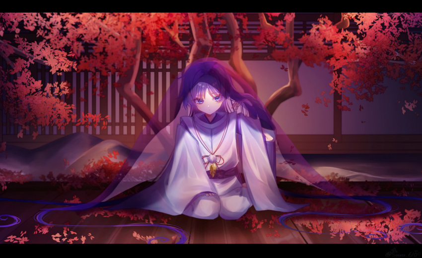 1boy absurdly_long_hair absurdres alternate_hair_length alternate_hairstyle androgynous facing_viewer full_body genshin_impact highres japanese_clothes long_hair long_sleeves looking_down looking_to_the_side male_focus purple_hair scaramouche_(genshin_impact) scaramouche_(kabukimono)_(genshin_impact) shirt short_hair sitting sleeves_past_wrists solo sorase_610 very_long_hair violet_eyes white_shirt