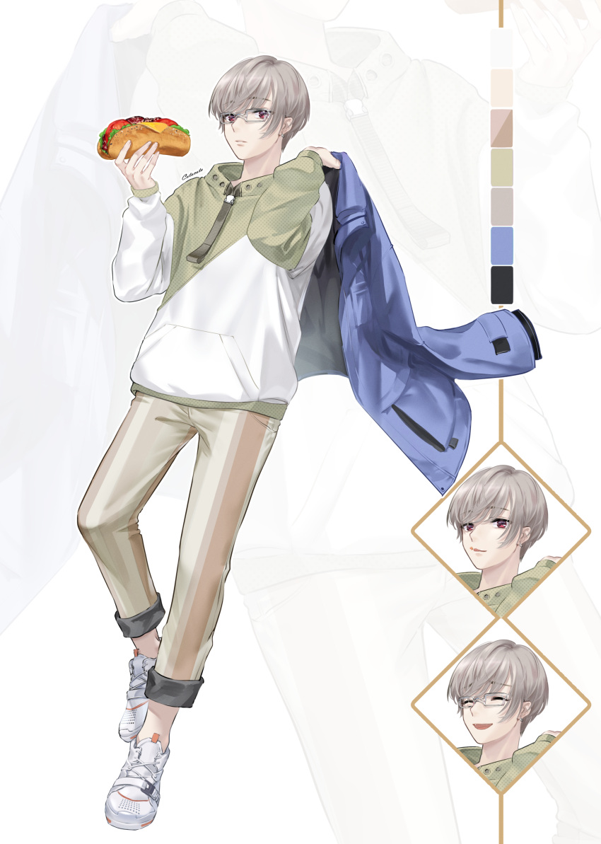 1boy absurdres blue_jacket closed_eyes closed_mouth color_guide earrings food food_on_face full_body glasses green_pants grey-framed_eyewear grey_hair hand_up hands_up highres holding holding_clothes holding_food holding_jacket jacket jacket_removed jewelry kotosuzu long_sleeves open_mouth original pants red_eyes sandwich shirt shoes short_hair signature smile sneakers solo submarine_sandwich teeth tongue tongue_out upper_teeth_only white_footwear white_shirt zoom_layer