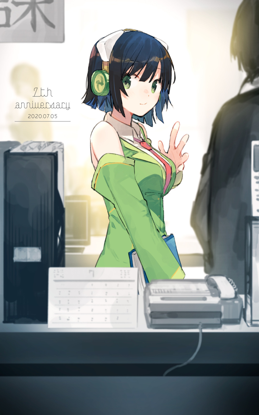 1girl anniversary black_hair blazer bloom blunt_ends book breasts calendar_(object) closed_mouth collared_shirt commentary detached_sleeves from_side green_eyes green_jacket hand_up headphones highres hitogome holding holding_book indoors jacket kyoumachi_seika large_breasts looking_at_viewer looking_to_the_side necktie office people phone red_necktie shirt short_hair smile solo_focus timestamp voiceroid waving white_shirt