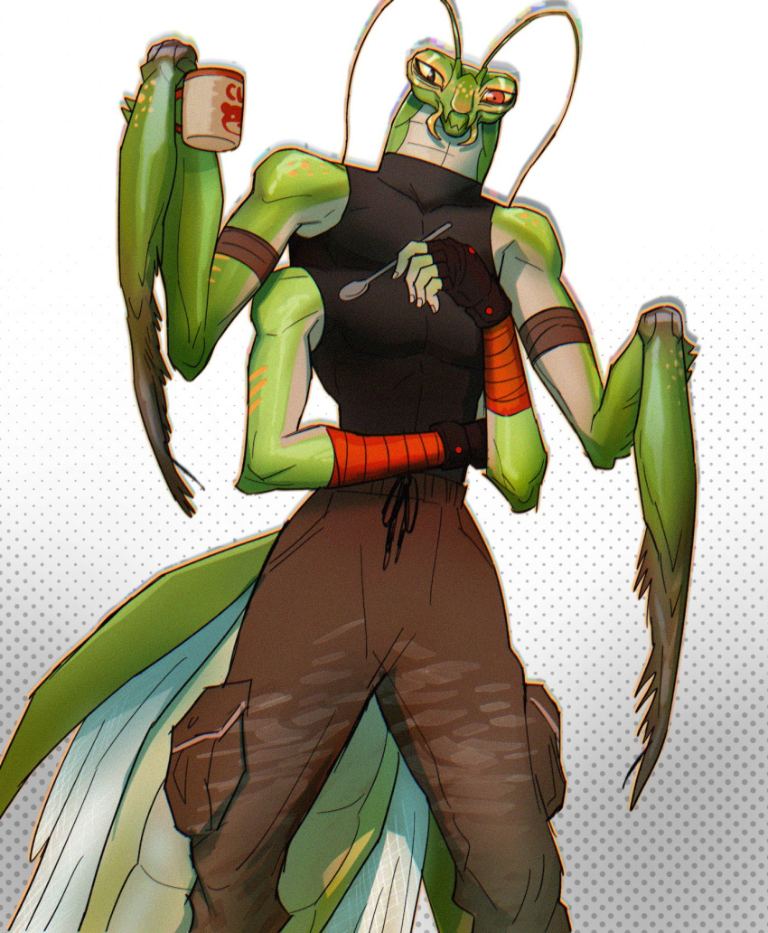 1boy animal_print antenna_hair bear_print cup extra_arms extra_chest feet_out_of_frame furry furry_male highres holding holding_cup holding_spoon ina_(ina29ana) looking_at_viewer male_focus mantis_boy mismatched_sclera mug original pants praying_mantis shirt short_hair sleeveless sleeveless_shirt solo spoon standing taut_clothes taut_shirt thick_neck