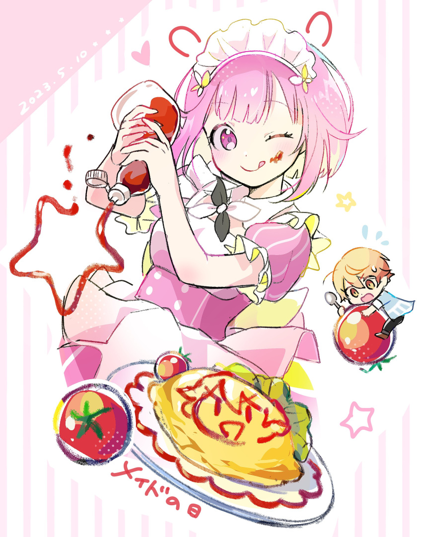 1boy 1girl :p absurdres blonde_hair bob_cut breasts dated food gradient_hair hair_between_eyes heart highres holding holding_spoon ketchup ketchup_bottle maid_headdress momomo_(m0_3) multicolored_hair omelet omurice one_eye_closed ootori_emu open_mouth orange_eyes orange_hair pink_eyes pink_hair plate project_sekai short_hair short_sleeves small_breasts spoon star_(symbol) striped tenma_tsukasa tomato tongue tongue_out upper_body vertical_stripes