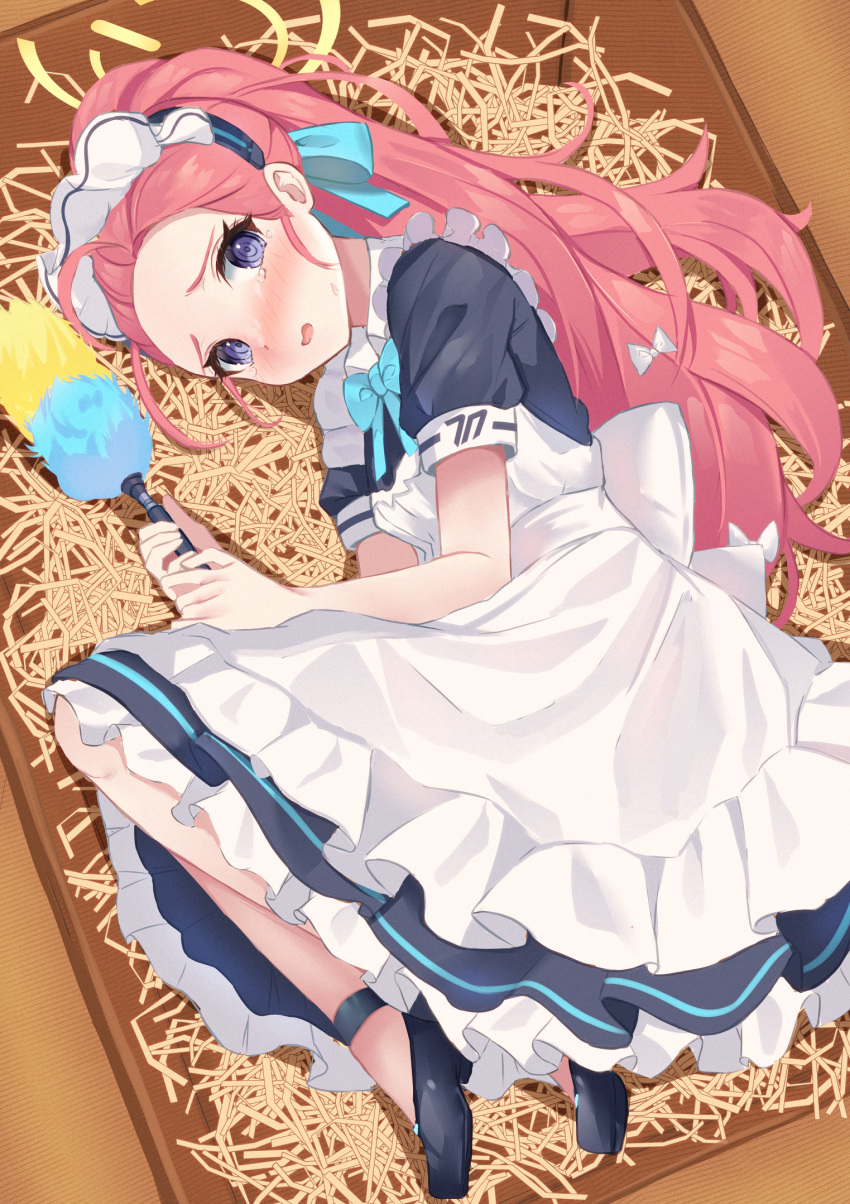 1girl anklet apron blue_archive blush bow box cardboard_box commentary_request duster embarrassed forehead frilled_apron frills hair_bow hair_ribbon halo high_heels highres holding holding_duster in_box in_container jewelry long_hair looking_at_viewer lying maid maid_apron maid_headdress mi_taro333 official_alternate_costume on_side parted_bangs parted_lips redhead ribbon short_sleeves side_ponytail solo violet_eyes white_apron wrist_cuffs yuzu_(blue_archive) yuzu_(maid)_(blue_archive)