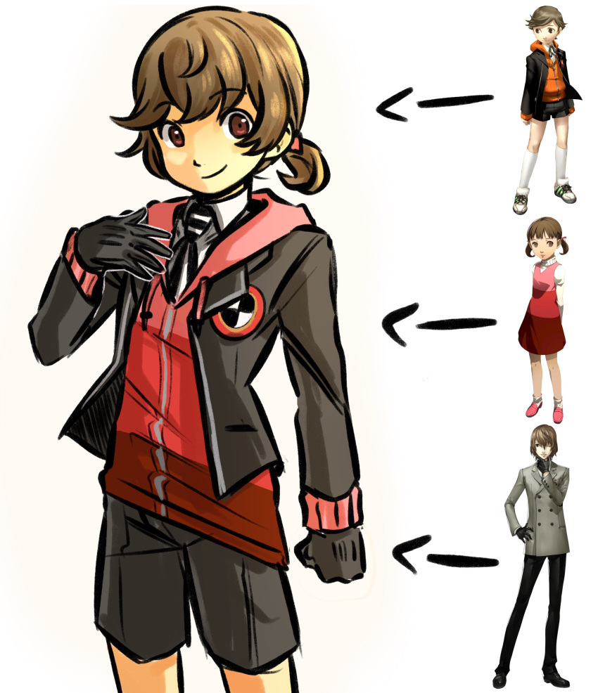 1boy absurdres akechi_gorou amada_ken arrow_(symbol) black_gloves black_jacket black_shorts brown_eyes chimerism doujima_nanako english_commentary fusion gimmie20dollas gloves highres hood hood_down jacket long_sleeves looking_at_viewer male_focus original persona persona_3 persona_4 persona_5 ponytail reference_inset short_ponytail shorts simple_background smile white_background