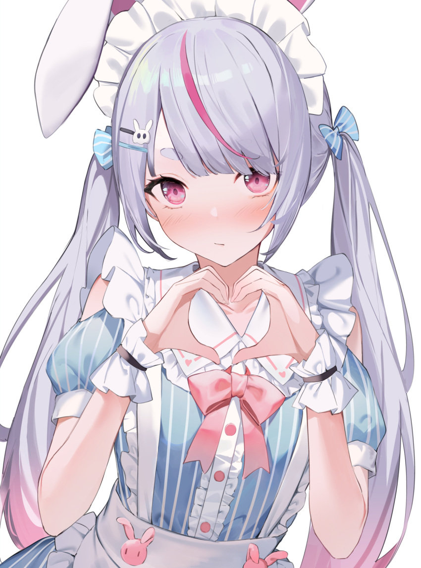 1girl :/ alternate_costume animal_ears apron blue_bow blue_dress blush bow bowtie closed_mouth clothing_cutout commentary_request dress enmaided frilled_apron frilled_dress frilled_shirt_collar frills gradient_hair grey_hair hair_bow hair_ornament hairclip hands_up heart heart_hands highres isaya_(pixiv4541633) long_hair looking_at_viewer maid maid_headdress multicolored_hair pink_bow pink_bowtie pink_eyes pink_hair puffy_short_sleeves puffy_sleeves rabbit_ears short_eyebrows short_sleeves shoulder_cutout sidelocks simple_background solo streaked_hair striped striped_bow striped_dress swept_bangs thick_eyebrows tosaki_mimi twintails upper_body virtual_youtuber vspo! waist_apron white_apron white_background wrist_cuffs