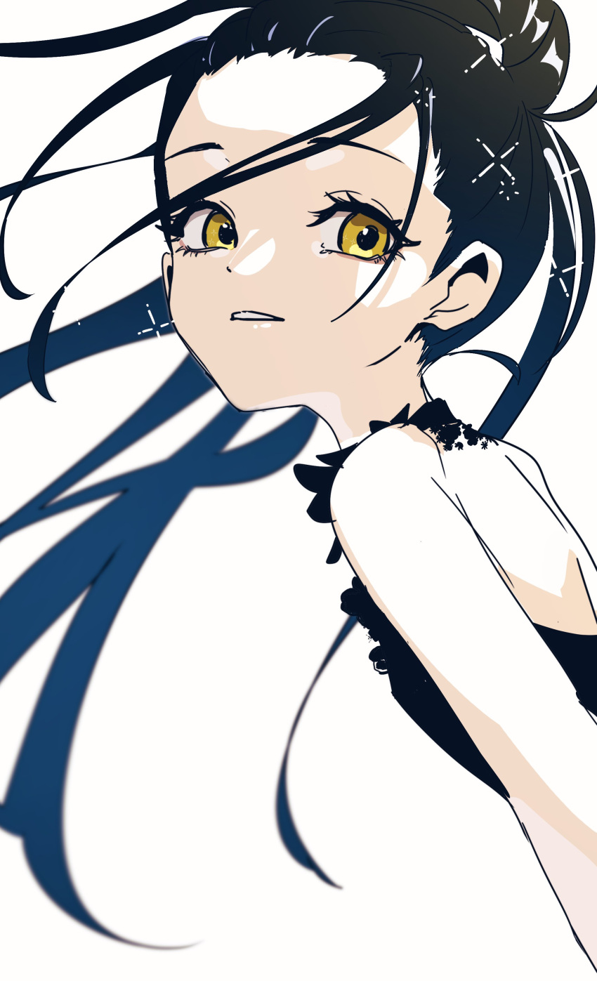 1girl absurdres backless_dress backless_outfit bare_shoulders black_dress black_hair dress floating_hair highres kamisaki_hikaru long_hair looking_at_viewer medalist_(manga) nzeneee parted_lips ponytail simple_background sketch solo sparkle upper_body white_background yellow_eyes