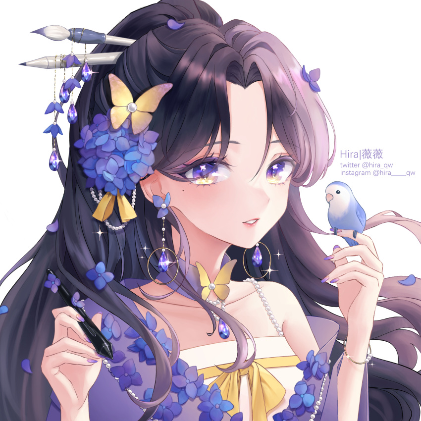 1girl absurdres artist_name bird butterfly_hair_ornament butterfly_ornament calligraphy_brush chinese_clothes flower hair_ornament hanfu highres hira_qw hydrangea instagram_username original paintbrush pencil purple_hair solo twitter_username violet_eyes white_background