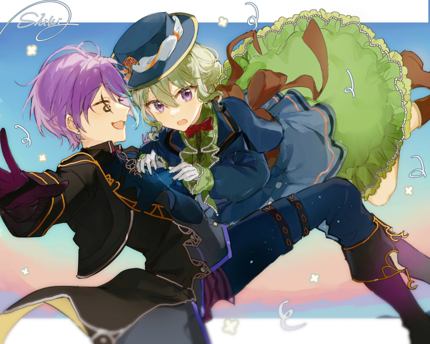 1boy 1girl aqua_hair artist_name black_gloves boots bow bowtie brown_ribbon closed_eyes facepaint gloves grey_hair hair_up hat highres kamishiro_rui kusanagi_nene long_sleeves multicolored_hair official_alternate_costume official_alternate_hairstyle open_mouth project_sekai purple_hair red_bow red_bowtie ribbon shiki_fanart short_hair streaked_hair violet_eyes white_gloves